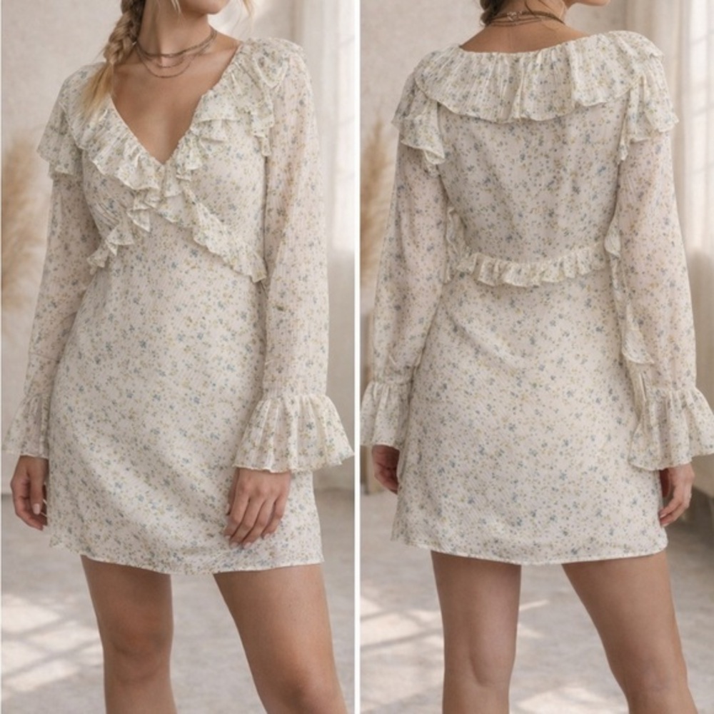 Free People Sweetest Thing Floral White Ruffle Boho Cottagecore Mini Dress